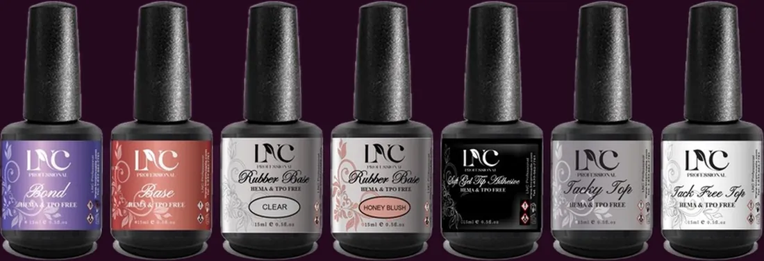 Seven LNC Professional bottles in a row: Bond, Base, Rubber Base Clear, Rubber Base Honey Blush, Soft Gel Tip Adhesive, Tacky Top and Tack Free Top.